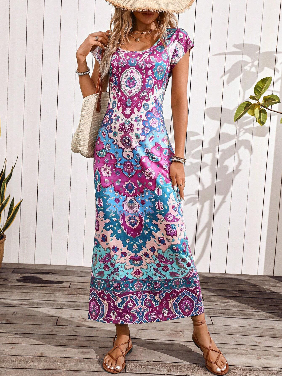 Vintage Side Slit Printed Dress For Vacation And Leisure