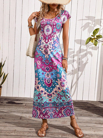 Vintage Side Slit Printed Dress For Vacation And Leisure
