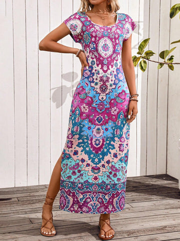 Vintage Side Slit Printed Dress For Vacation And Leisure
