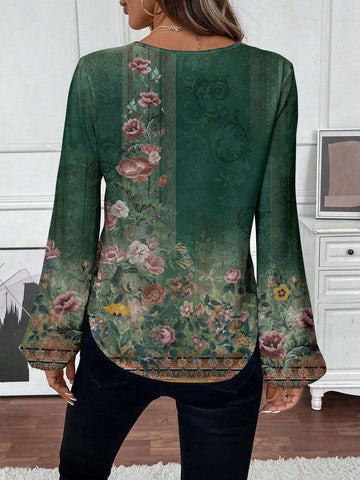LUNE Vintage Totem Retro Print Casual Blouse For Women, Suitable For Autumn & Winter