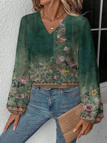 LUNE Vintage Totem Retro Print Casual Blouse For Women, Suitable For Autumn & Winter