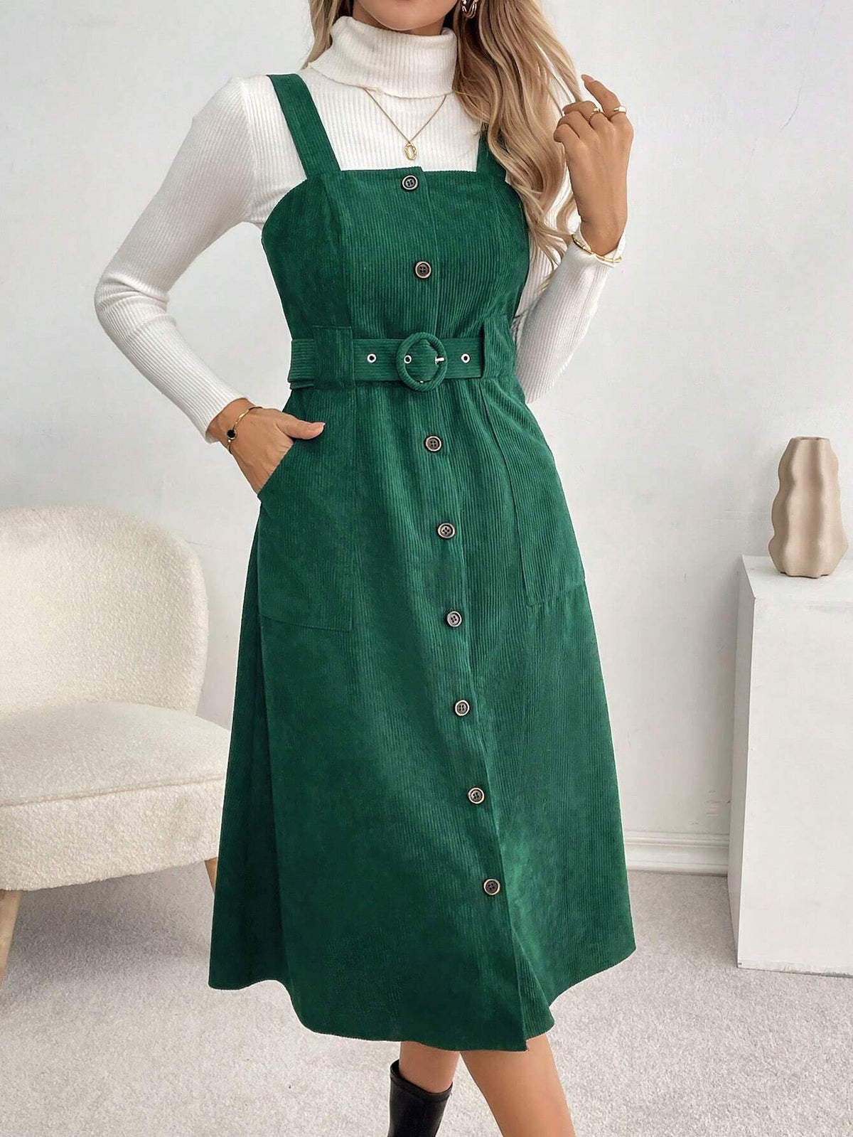 Waist-Cinched A-Line Midi Casual Corduroy Suspender Dress