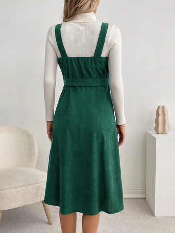Waist-Cinched A-Line Midi Casual Corduroy Suspender Dress