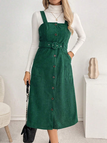 Waist-Cinched A-Line Midi Casual Corduroy Suspender Dress