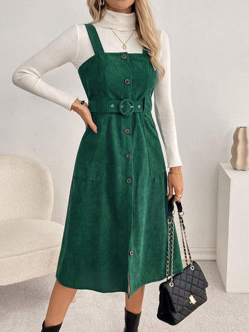 Waist-Cinched A-Line Midi Casual Corduroy Suspender Dress