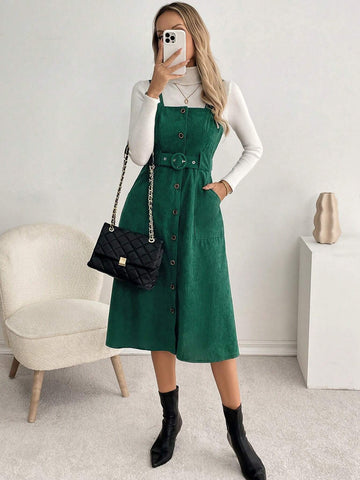 Waist-Cinched A-Line Midi Casual Corduroy Suspender Dress