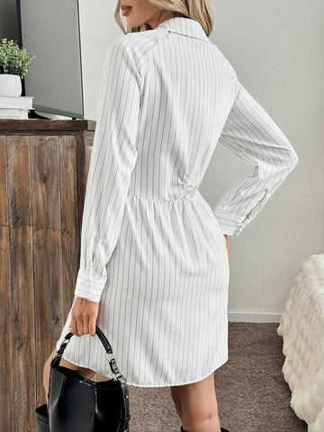 White Striped Long Sleeve Fitted Short Dress For Women, For Halloween Party, Autumn