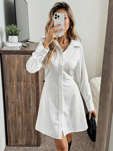 White Striped Long Sleeve Fitted Short Dress For Women, For Halloween Party, Autumn