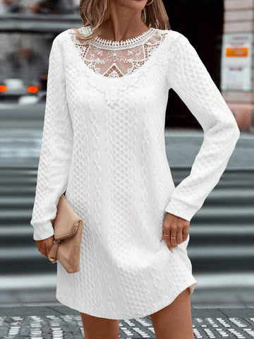 White Textured Fabric Long Sleeve A-Line Dress With Collar Ruffle Trim