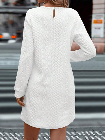 White Textured Fabric Long Sleeve A-Line Dress With Collar Ruffle Trim
