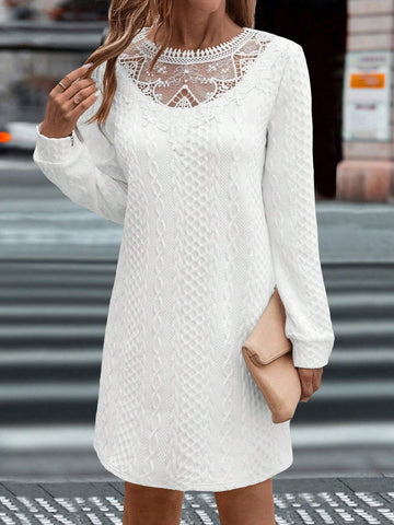 White Textured Fabric Long Sleeve A-Line Dress With Collar Ruffle Trim