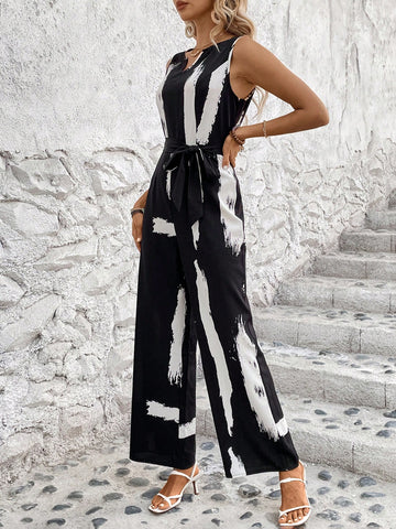 Women'S Brush Printed V-Neck Jumpsuit