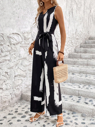 Women'S Brush Printed V-Neck Jumpsuit