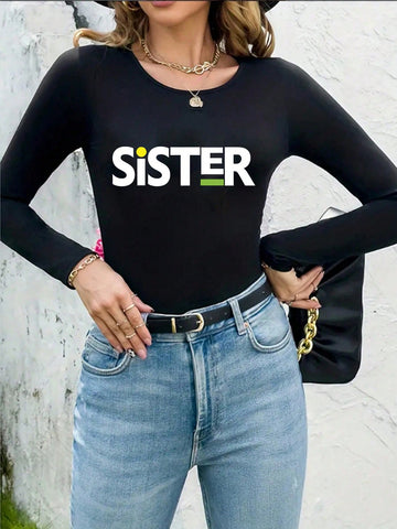 Women'S Casual Long Sleeve Round Neck Letter Print Bodysuit