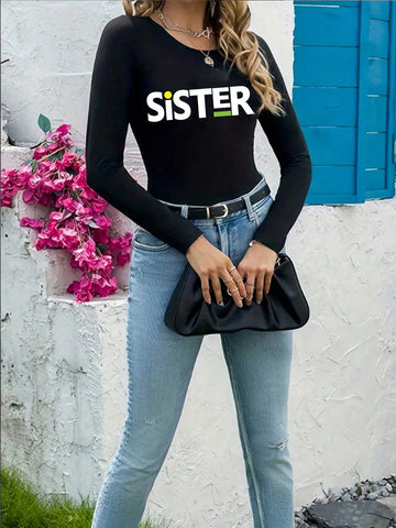 Women'S Casual Long Sleeve Round Neck Letter Print Bodysuit