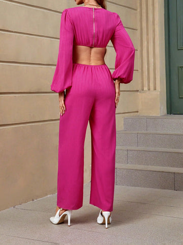 Women'S Cut-Out Waist Lantern Sleeve Jumpsuit