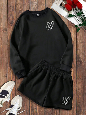 Women'S Heart Pattern Printed Long Sleeve Sweatshirt And Shorts Sets