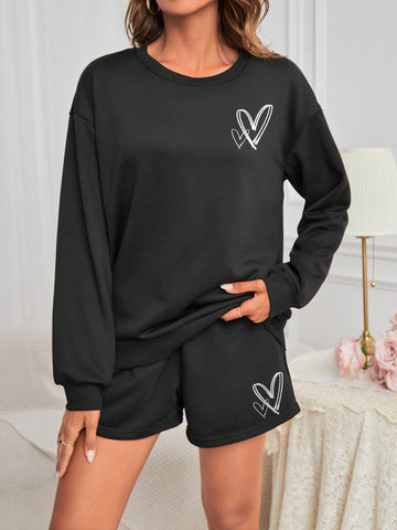 Women'S Heart Pattern Printed Long Sleeve Sweatshirt And Shorts Sets