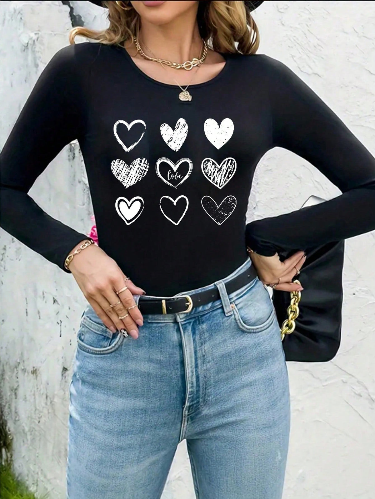 Women'S Heart Patterned Nine-Squared Grid Design Round Neck Long Sleeve Bodysuit, Casual