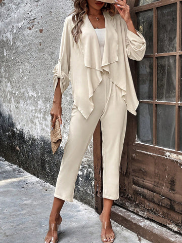 Women'S Irregular Hem Roll Up Sleeve Coat And Long Pants Two-Piece Set