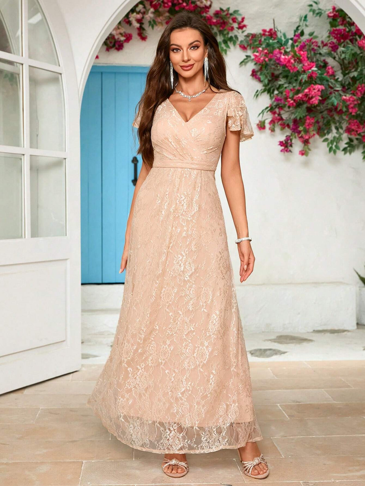 Women'S Lace Lotus Leaf Sleeve Formal Evening Dress