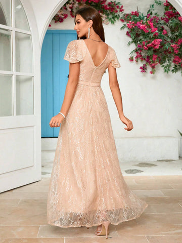 Women'S Lace Lotus Leaf Sleeve Formal Evening Dress