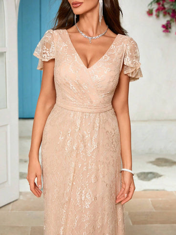 Women'S Lace Lotus Leaf Sleeve Formal Evening Dress