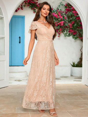 Women'S Lace Lotus Leaf Sleeve Formal Evening Dress