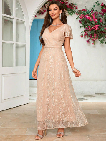 Women'S Lace Lotus Leaf Sleeve Formal Evening Dress