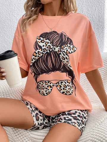 Women'S Leopard Print Round Neck T-Shirt And Shorts Set