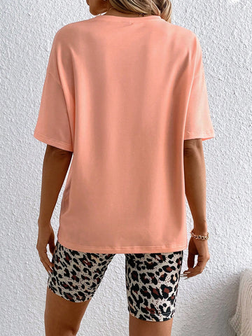 Women'S Leopard Print Round Neck T-Shirt And Shorts Set