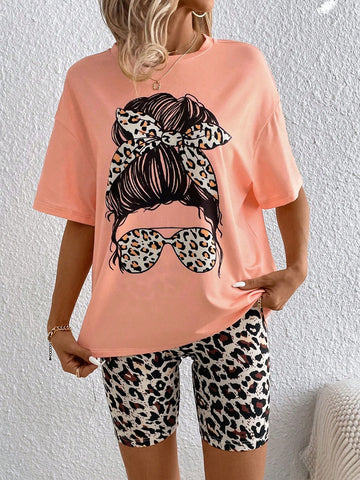 Women'S Leopard Print Round Neck T-Shirt And Shorts Set