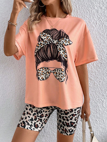 Women'S Leopard Print Round Neck T-Shirt And Shorts Set