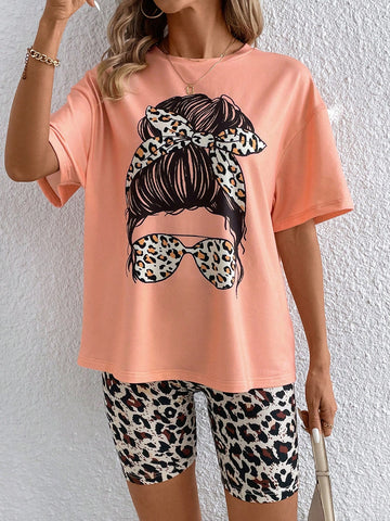 Women'S Leopard Print Round Neck T-Shirt And Shorts Set