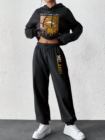 Women'S Letter Lip Print Hooded Sweatshirt And Sweatpants Two-Piece Set