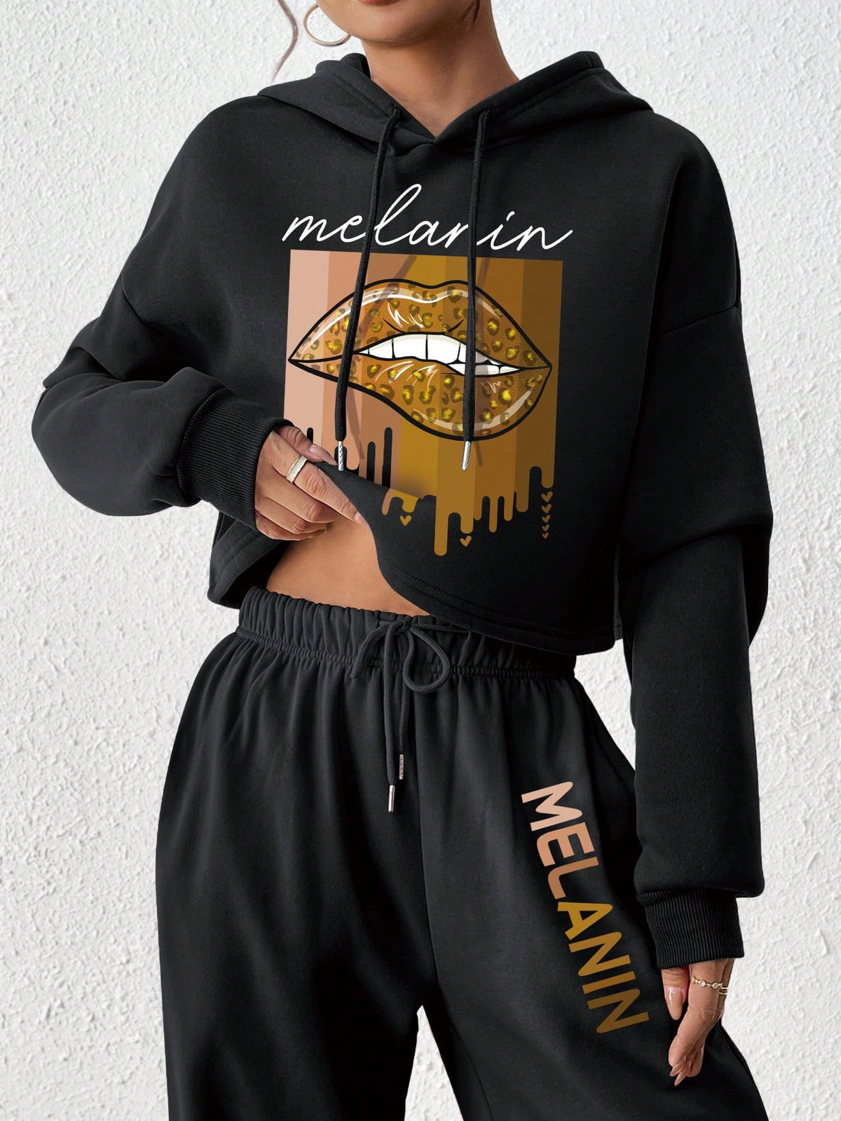 Women'S Letter Lip Print Hooded Sweatshirt And Sweatpants Two-Piece Set