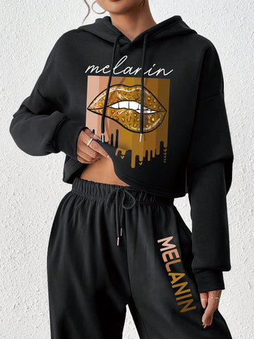 Women'S Letter Lip Print Hooded Sweatshirt And Sweatpants Two-Piece Set