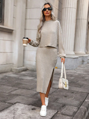 Women'S Loose Fit Mock Neck Knit Top And High Side Slit Skirt Two Piece Set