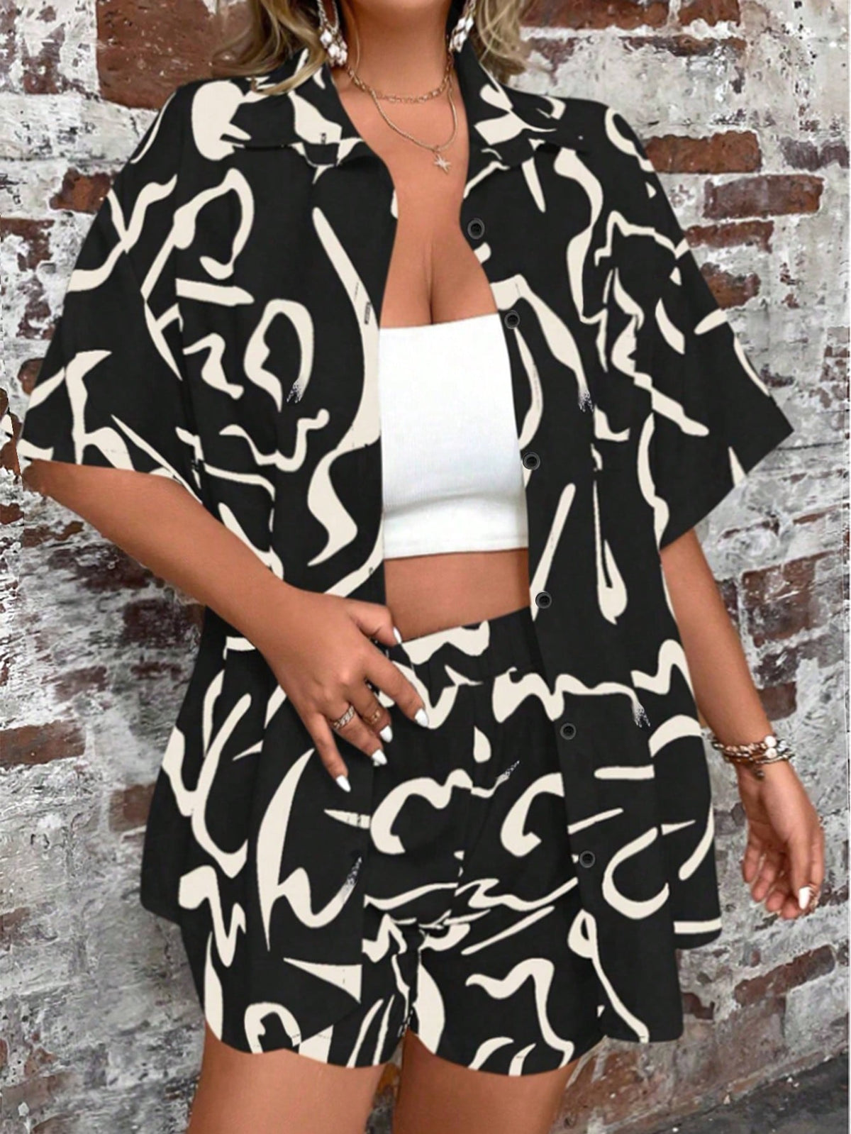 Women'S Loose Fit Printed Short Sleeve 2pcs Set