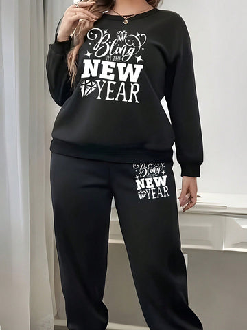 Women'S New Year Slogan Printed 2pcs/Set