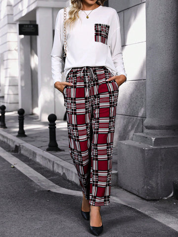 Women'S Plaid Drop Shoulder Long Sleeve T-Shirt And Pants Set