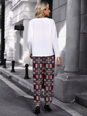 Women'S Plaid Drop Shoulder Long Sleeve T-Shirt And Pants Set