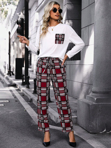Women'S Plaid Drop Shoulder Long Sleeve T-Shirt And Pants Set