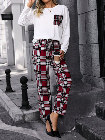Women'S Plaid Drop Shoulder Long Sleeve T-Shirt And Pants Set