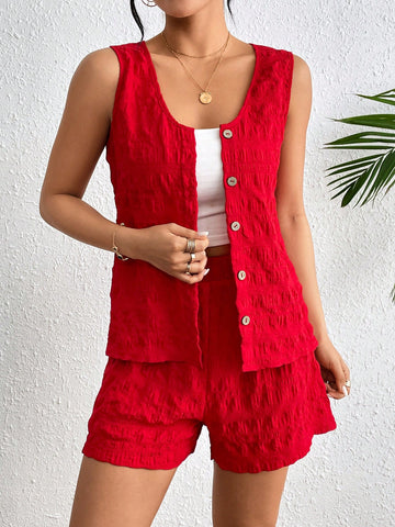 Women'S Single-Breasted Sleeveless Vest And Shorts Set