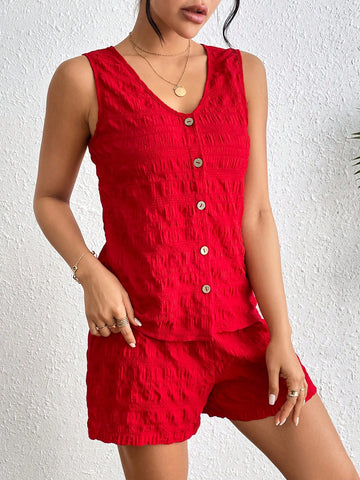 Women'S Single-Breasted Sleeveless Vest And Shorts Set