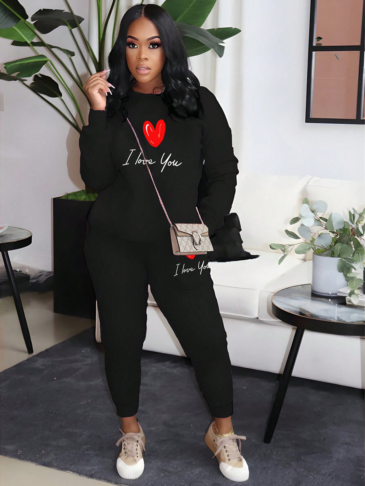 Women'S Slogan & Heart Print Sweatshirt And Sweatpants Two-Piece Set