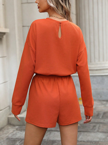 Women'S Solid Color Drawstring Waist Casual Jumpsuit