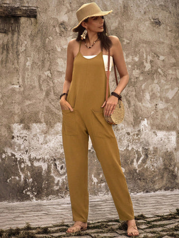 Women'S Solid Color Jumpsuit With Double Pockets