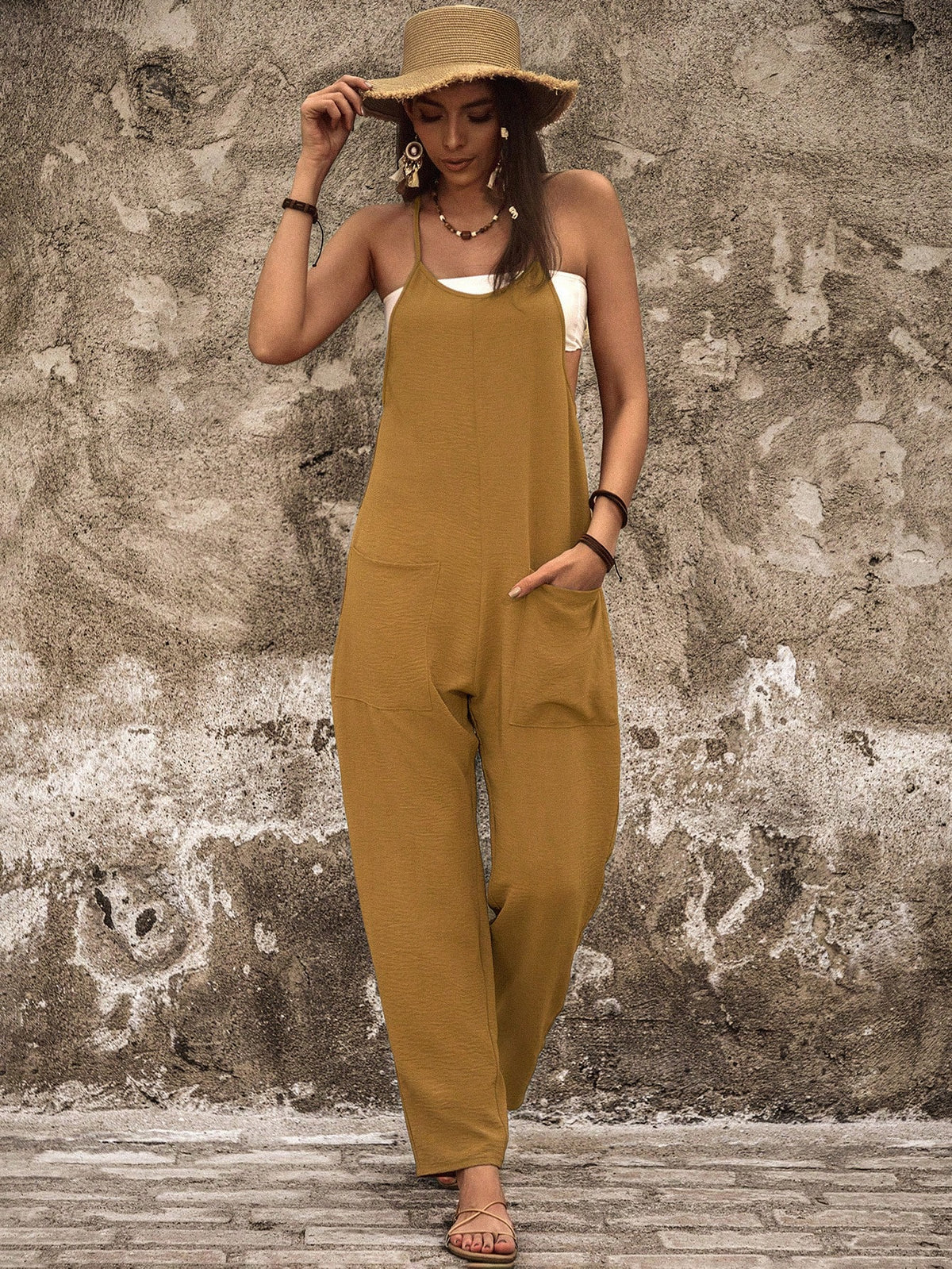 Women'S Solid Color Jumpsuit With Double Pockets